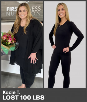 Kacie T. before and after &mdash; lost 100+ lbs with Trimsulin